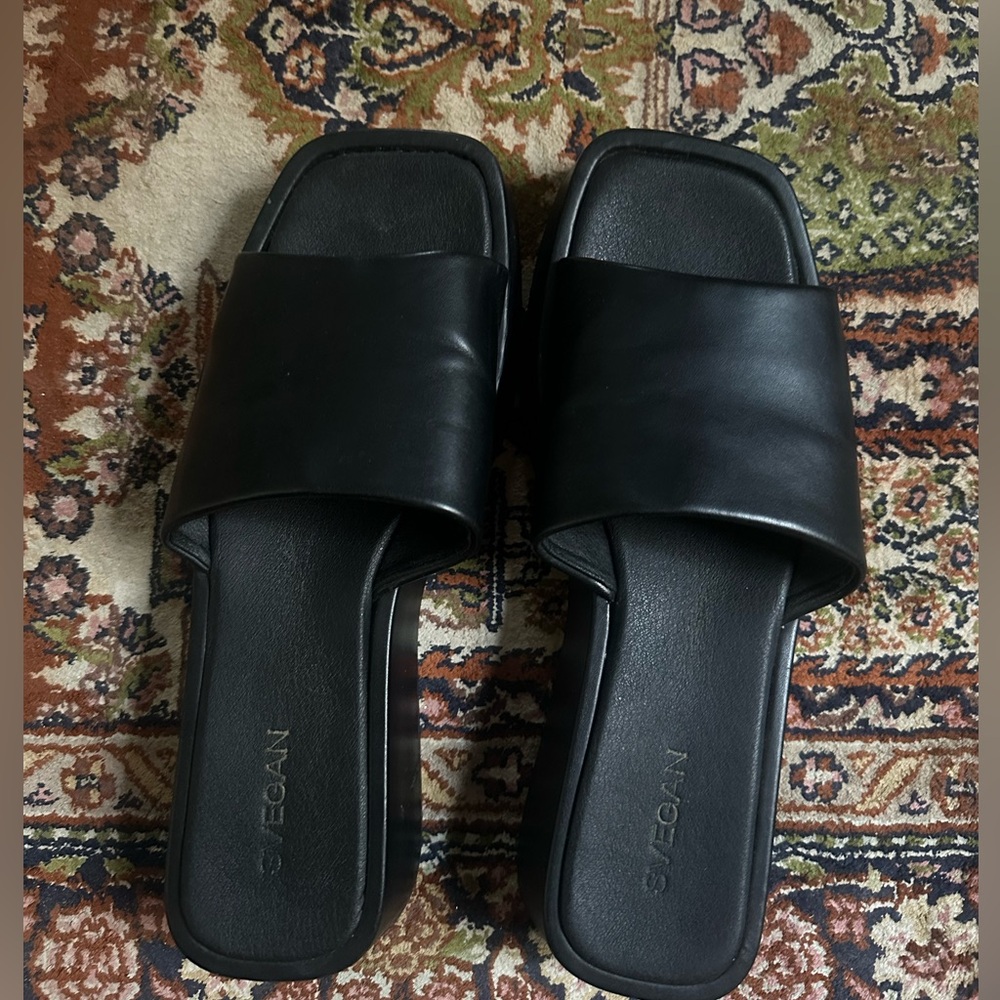 Svegan Alohas Anthropologie Black Platform Vegan Leather Slides Sandals US 10